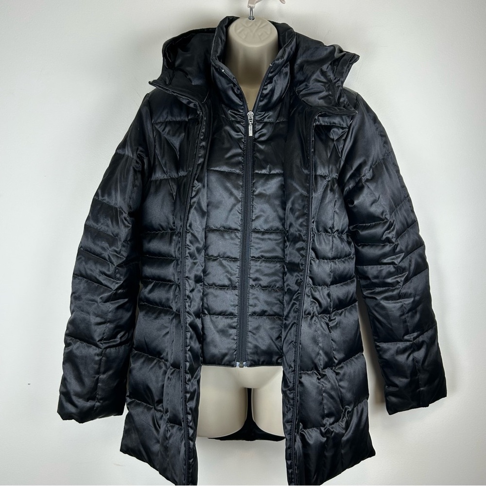 Lands End Womens Black Down Puffer Coat w/ Hood Size Small 6–8 Mid-Length Parka
